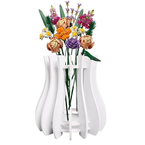 Vase for Lego Flowers Bouquet Wooden Puzzle Vase Creative Flowers Vases for Lego Roses Cherry Blossoms Sunflowers Tulips Daffodils Display Gift for Flower Lovers (White)