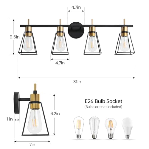 Image of Industrial Bathroom Vanity Lights: 4 Light Black and Gold Vintage Metal Cage Wall Sconce - Rustic Farmhouse Wall Light Fixture Over Mirror Cabinet for Bedroom Living Room