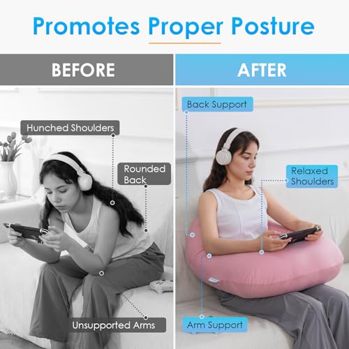 Image of QUEEN ROSE Reading Pillow for Gaming, Lap Desk Pillow for Sitting in Bed or Sofa, Compact Arm Support Pillow for Reading, Playing or Crocheting, Cooling Pink