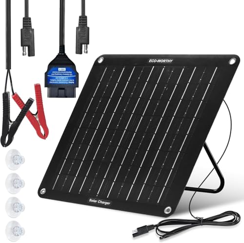 ECO-WORTHY 10W Aktualisiert Solar Autobatterie Ladegerät 12V, Monokristalline Solarmodul Erhaltungsladung, Solar Trickle Charger mit Halterung und Kabeln für Wohnwagen Auto Boot Motorrad