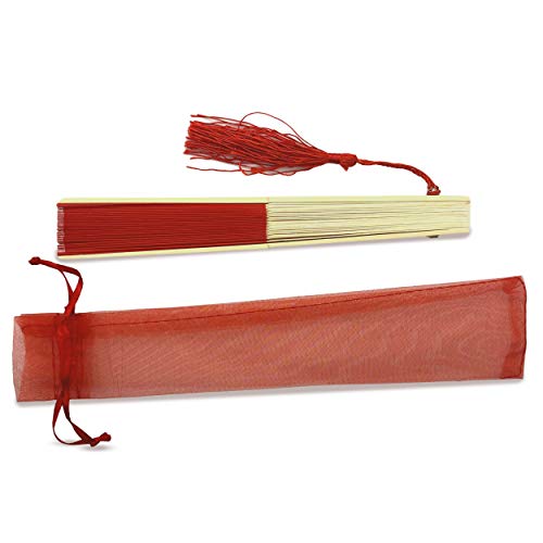 Image of Fabric Handheld Folding Hand Fan With a Tassel Grade A Bamboo Ribs for Women Girls Summer Party Event Favor Birthday Wedding Souvenir Gift (Red)
