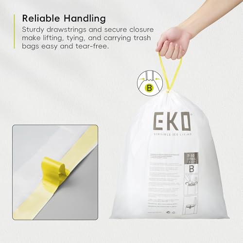 Image of EKO 2.6 Gallon / 7-10 Liter, 80 Count Small Drawstring Trash Bags, Extra-Strong Unscented Garbage Bags, Easy-Dispense Roll for Kitchen & Household Use, Resists Tears, Leaks and Punctures, Code B White