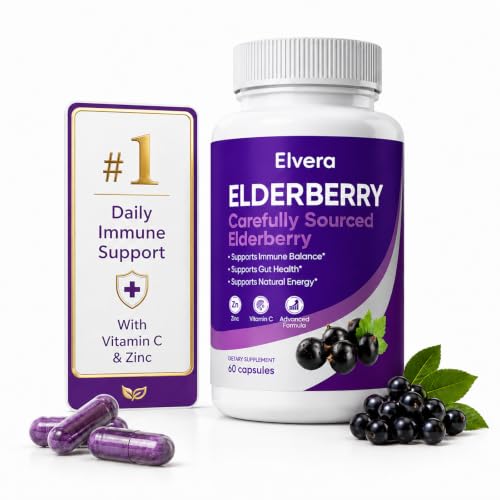UOZXIL Elvera Elderberry Gut Support 1200mg Sambucus Elderberry Extract Advanced Gut Support Complex with Vitamin C & Zinc Daily Wellness Formula 60 Capsules
