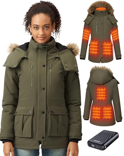 GOTOBI Veste Chauffante Femme Avec Batterie, 8 Zones de Chauffage, Avec 3 Niveaux De Tempé,Parka longue,Manteau Hiver Femme chaud et imperméable à capuche...