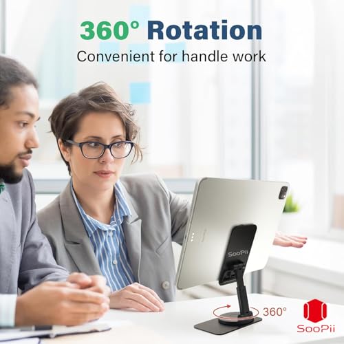 Image of SOOPII Rotatable Cell Phone Stand, Fully Adjustable Foldable Desktop Phone Holder, Height Adjustable Phone Stand with Charging Hole, Portable, Compatible with All Smart Phones, e-Reader, Black