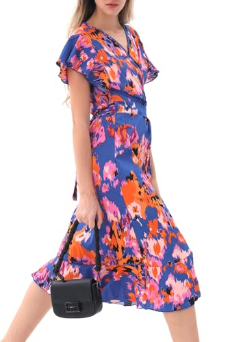 Image of Women's Summer Wrap Maxi Dress Casual Boho Floral V Neck Short Sleeve Ruffle Hem Split Beach Long Dresses