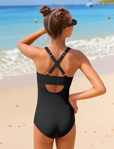 Girl Swimsuit One Piece Cutout Ruched Bathing Suit for Girls V-Neck Color Block Adjustable Straps Pad Swimwear 9-16y4