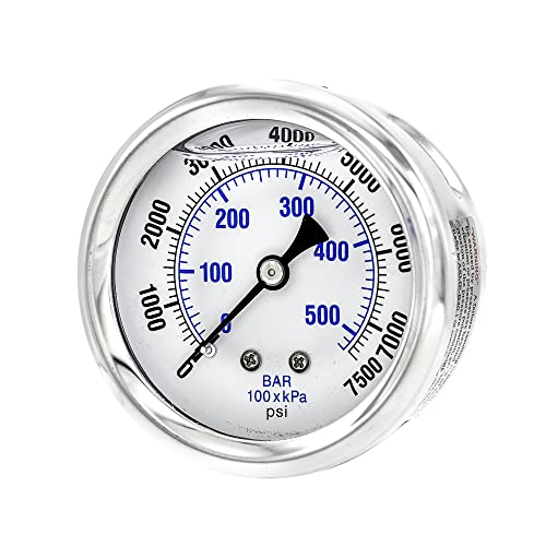 2 Pack of Liquid Filled Center Back Mount Pressure Gauge with 2.5" Dial, 0-7500 PSI, 1/4" Male NPT Connection, Stainless Steel CASE and Bezel (2)