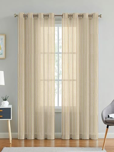 Image of Polyester Transparent Zig-Zag Net Sheer Curtains for Door Balcony Home Decoration, 10 feet Long, Beige, Set of 2