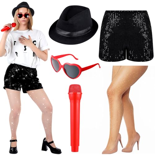 Jeyiour 5 Pcs Halloween Singer Costume Bowler Hat Heart Sunglasses Fishnets Shorts Microphone Cosplay Music Festival Concert(Large) Red Black