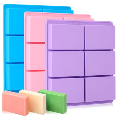 SJ Silicone Soap Molds 3 Packs Rectangle Soap Molds for Soap Making 6 Cavity Mold for Homemade Craft Soap Mold Jelly Chocolate & Ice Cube Trays(Blue Purple & Pink)