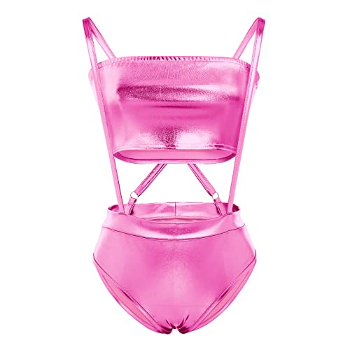 FYMNSI Women Sexy Holographic Metallic Bandeau Top Strapless Bikini Reflective Shiny Booty Shorts High Waist Cheeky Clubwear Pink Medium