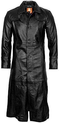 Jacket Collection Duster, Original Leather, Trench, Black Long Coat, Overcoat, Sheepskin for Men (5XL, Black-8859)