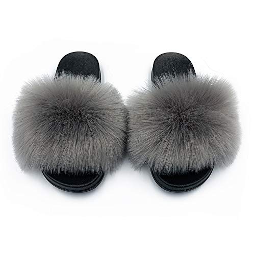 Image of Women's Faux Fur Slides Slippers Fluffy Fuzzy Sandals Open Toe Furry Slide Flip Flop Indoor Outdoor