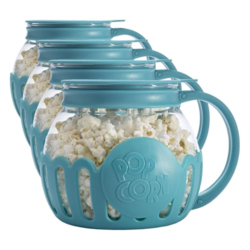 Image of Ecolution Patented Micro-Pop Microwave Popcorn Popper with Temperature Safe Glass,3-in-1 Lid Measures Kernels and Melts Butter,Made Without BPA,Dishwasher Safe,1.5-Quart,Teal,(Pack of 4)
