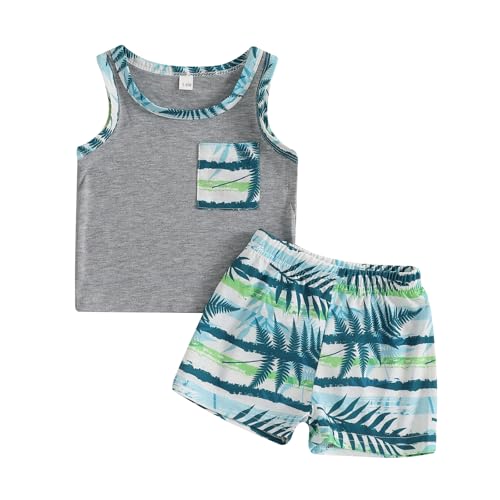 Image of Toddler Baby Boy Summer Outfits Sleeveless Letter Printed Tank Tops Elastic Waist Shorts Set Newborn Infant Clothes (Beach Gray, 3-6 Months)