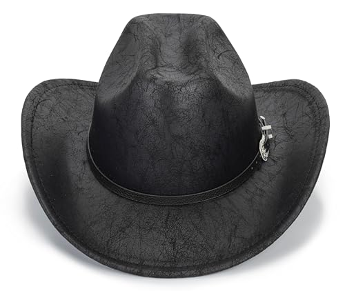 Image of Western-Cowboy-Hats for Women Men - Classic Wide Brim Felt Fedora Unisex Upturn Bull Head Cowgirl Caps with Buckle Belt