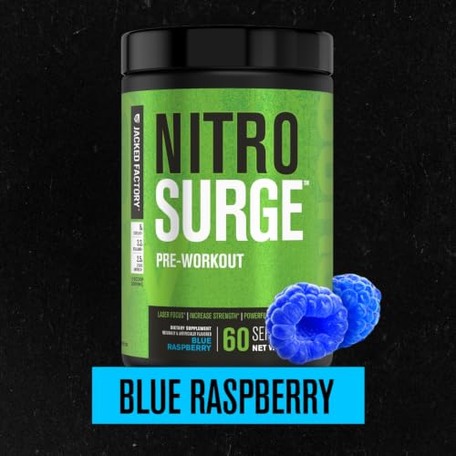 Image of Jacked Factory NITROSURGE Pre Workout Supplement - Energy Booster, Instant Strength Gains, Clear Focus, & Intense Pumps - NO Booster & Powerful Preworkout Energy Powder - 60 Servings, Blue Raspberry