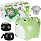 FoldTier Cute Tableware Japanese Tea Set Frog Teapot Teacup 30 oz Ceramic Cute Tea Pot with 2 Pcs 5 oz Tea Cups and 1 Pcs Filter Cute Tea Service Set Frog Gifts for Women