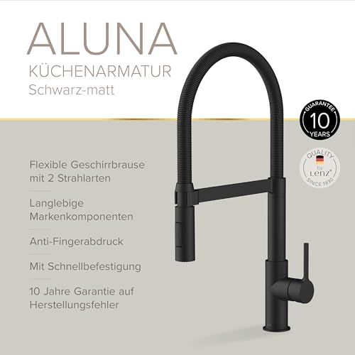 Lenz Küchenarmatur ALUNA in Schwarz matt – mit hochwertiger Markenmischdüse und Markenkartusche – Anti-Fingerabdruck Oberfläche – 46070551