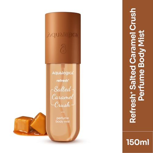 Image of Aqualogica Refresh+ Perfume Body Mist - Salted Caramel Crush | Mouthwatering Gourmand Scent | Long Lasting Fragrance | Double Duty for Hair & Body | Non-Irritating & Hydrating | Infused with Zemea & Hyaluronic Acid | For Men & Women | 150 ml