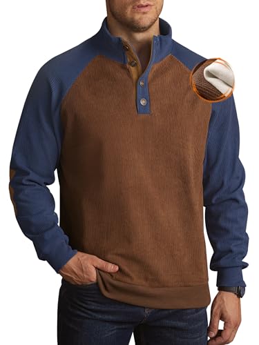 Mens Corduroy Fleece-Lined Sweatshirts Winter Heavyweight Casual Fashion Button Pullover (S-3XL)