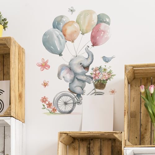 Image of Baby Elephant with Balloons Wall Stickers for Kids Baby Wall Stickers for Kids Room Bedroom Playroom Nursery Living Room Decor Wall Art Wall Decoration Boho