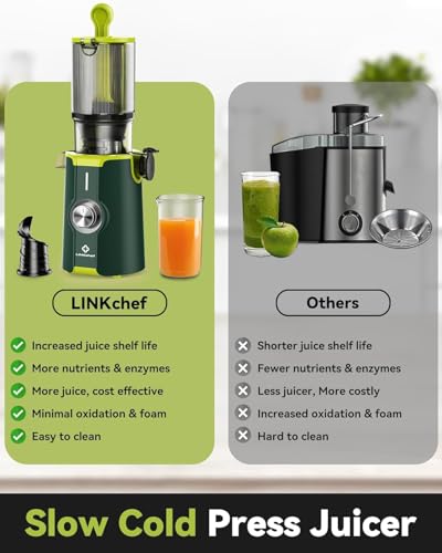 Rush Clear Cold Press Juicer, Slow Juicer Machines with No-Prep 4.35"Feed Chute Fit Whole Fruits & Vegetables, LINKChef Juicer Machines Easy to Clean, 42oz Capacity, 200w, Green