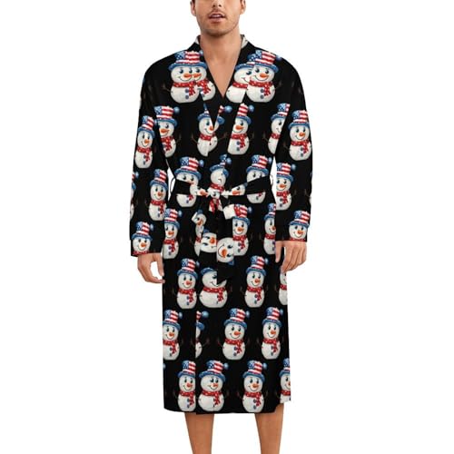 Cute Snowman With U.S. Flag Hat Soft Robe Long Sleeve Bathrobes V Neck Sleepwear Spa Robes with Belt Men Woman