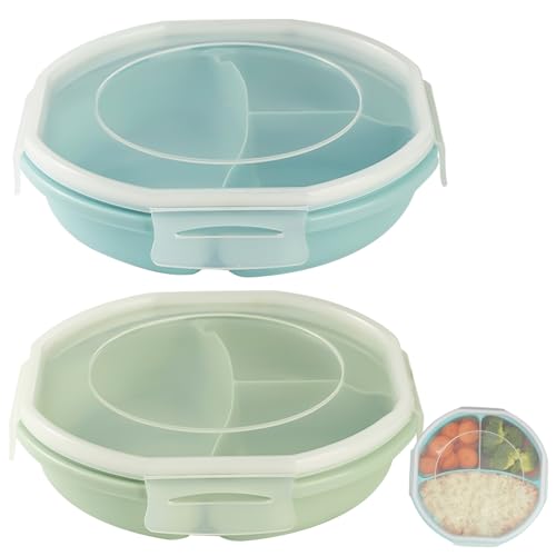 GOMETY 2 Pièces Assiettes Micro-ondes avec Couvercle, Boîte Repas Bento Compartimentée 3 Compartiments, Hermétique, Sans BPA, Vaisselle Micro-ondes pour...