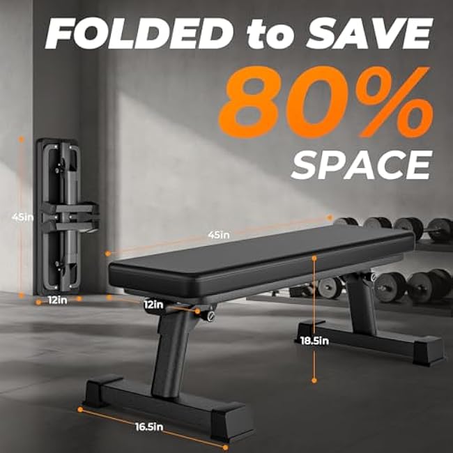 BODY RHYTHM Semi-Commercial Foldable Flat Bench for Multi-Purpose Weight Training and Ab Workout, Flat Weight Workout Exercise Bench with 1000lb Weight Capacity for Strength Training Bench Press, Suitable for Home and Gym.