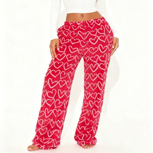 Image of Valentine's Day Flannel Pants Women's Romantic Heart Print Elastic Drawstring Waistband Wide Leg Loose Fit Trousers