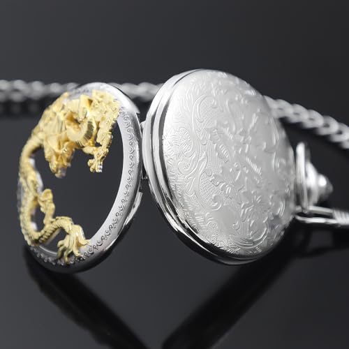 Image of Dragon Design Quartz Pocket Watch Roman Numerals with Chain Birthdays Gifts for Father's Days