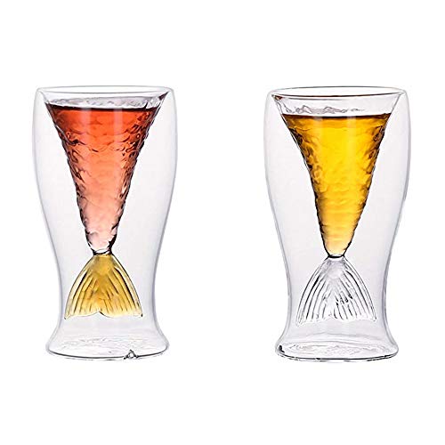 MOLLYNANA tazzine Caffe Vetro 2 Pezzi Tazza da tè Tazza di Vetro isolata a Doppia Parete con Coda di Sirena Interna, Tazza di Vetro Creativa Tazze da caffè Bevande Bere Birra Pesce