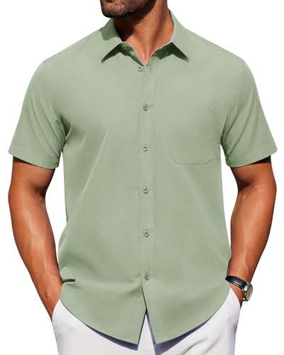 Alimens & Gentle Mens Short Sleeve Dress Shirt Wrinkle Free Solid Casual Button Down Shirts for Summer Business Wedding Sage Green L
