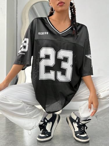 Verdusa Jersey Shirts for Women Y2K Graphic Tees Oversized Streetwear Letter Print T Shirt V Neck Tee Top4