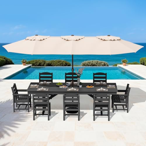 Image of SERWALL 9 Piece 84 inch HDPE Outdoor Dining Set with 6 Armless Chairs, 2 Armchairs and Umbrella Hole for 8, Black