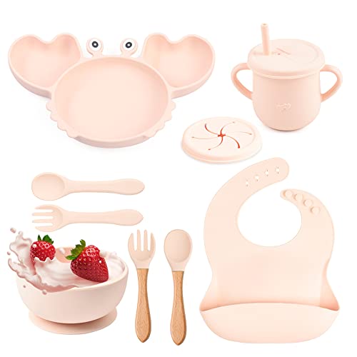 Toddler Feeding Set, Silicone Baby Weaning Set with Suction Plate & Bowl, Straw Sippy Cup or Snack Cup, Adjustable Bib, Folk & Spoon Easy Wipe Clean Feeding Sets (Light Pink Y22)