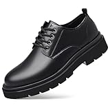 Men's Vintage Leather Lace Up Platform Oxfords Shoes Black Round Toe Soft Rubber Sole Non-Slip Waterproof Business Formal Derby Dress Shoes (Black,12)