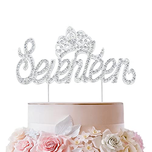 LINGTEER Seventeen Birthday Cake Topper with Crown Sign | Silver Bling Crystal Rhinestone Birthday Keepsake | Happy 17th Birthday Party Decorations Gift Supplies