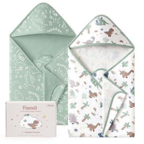 Image of Hooded Baby Towels for Newborn,100% Cotton Baby Bath Towels with Hood for Infant Toddler Boy Girl, 2 Pack 32x32 Inch Soft & Absorbent Knit Terry Bath Essentials Green Dinosaur