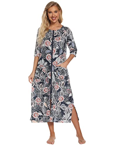 Image of Veseacky Women Robe Zipper Front House Coat 3 /4 Sleeve Nightgown Full Length Ladies Lounge Dress with Pockets S-XXL