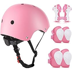 Accesorios Patines Decathlon WayEee Equipo de Protección Infantil 7PCS, Protecciones Patines incluye Casco Rodilleras Coderas y Muñequeras para Ciclismo Monopatín Patinaje y otros Deportes(Rosa)