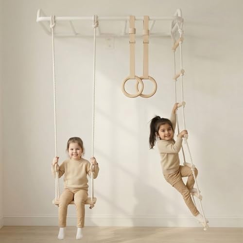 Image of Curious Cub All-in-One Monkey Bars for Kids Indoor Wall Mounted | Kids Pull Up Bar for Home Gym with Swing, Gymnastic Rings & Climbing Ladder | Indoor Jungle Gym Equipment (4+ Years)