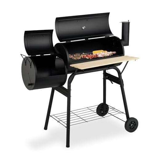 Relaxdays Barbecue Carbonella con Ruote e Ripiani, Griglia Affumicatore con Coperchio e Termometro, Acciaio, Legno, Nero, Plastica, 106x114x67 cm