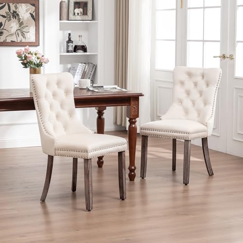Image of Velvet Dining Chairs, Tufted Kitchen & Dining Room Chairs, Beige, Set of 2