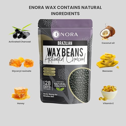 Image of ENORA Brazilian Stripless Wax Beans for Women (250g) | With Wooden Spatula | Natural | For Face, Chin, Hairline, Bikini Area & Full Body Hair Removal (250 Gram, Activated Charcoal)