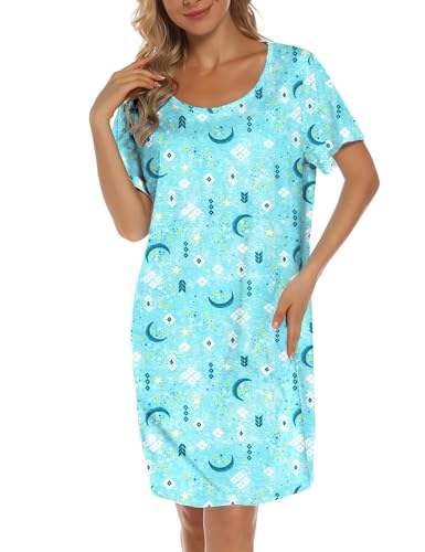 Image of ENJOYNIGHT Womens Cotton Nightgown Short Sleeve Sleepshirt Print Nightshirt | Short-Sleeve Crew Neck, Soft Cotton Fabric, Cartoon Printed Sleep Shirt, Loose Fit