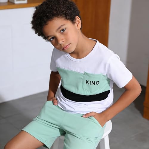 Image of OLMRJKD Boys 2 Piece Outfits Short Sleeve Colorblock T-shirt and Shorts Summer Casual Clothes for 6-12 Years