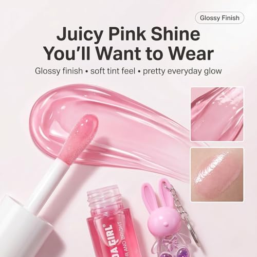 Image of Korean Lip Gloss Set of 4 in Tinted Pink | Rabbit Keychain, 2in1 Tube, Liquid Oil and Swiss Tint Combo, Cute Daily Wear for Girls & Women